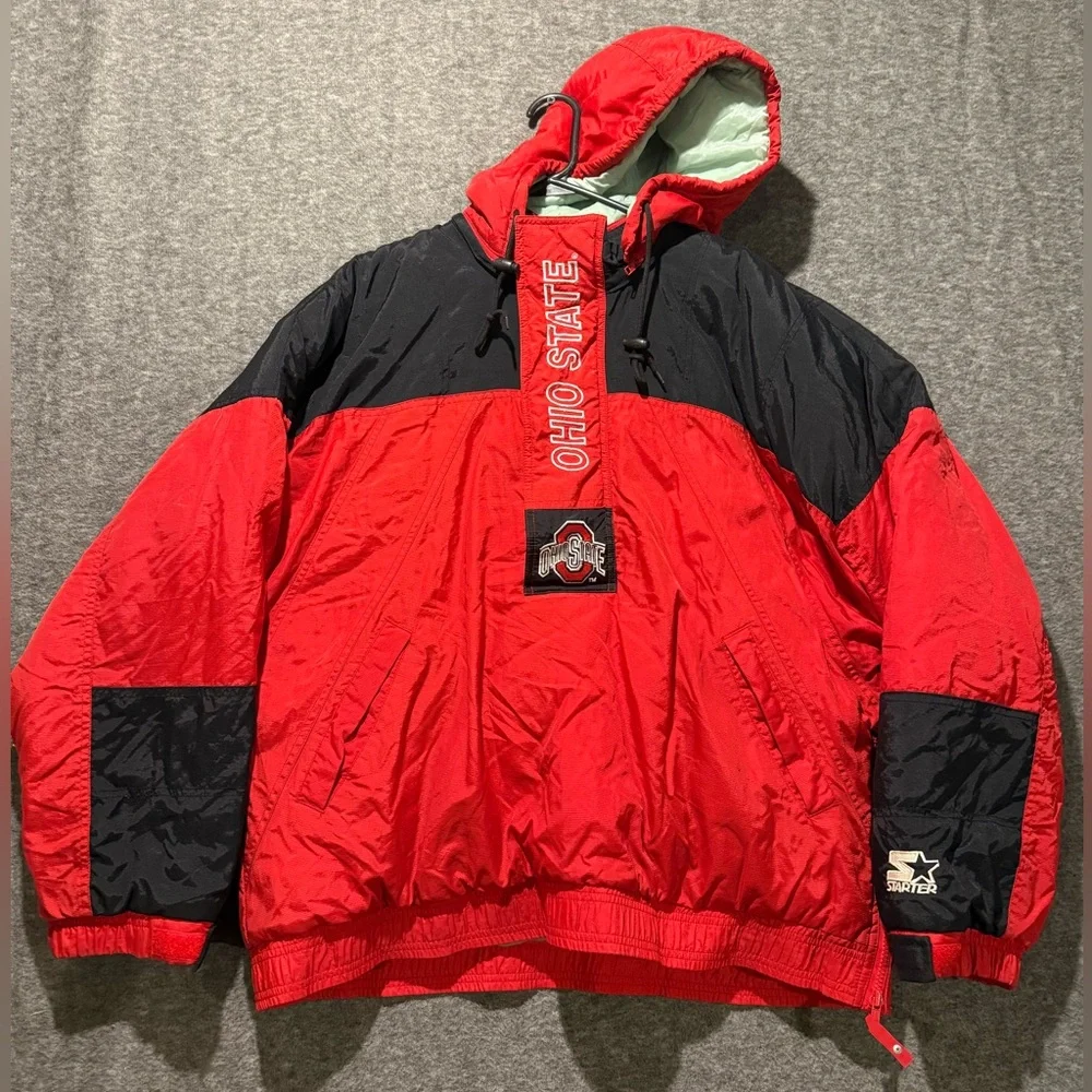 Ohio State Vtg Starter Jacket Coat Mens L red windbreaker lined hooded 1/2 zip